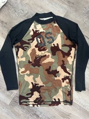 Vintage Quicksilver Camo Rash Guard Long Sleeve Swim Shirt - Green/Brown